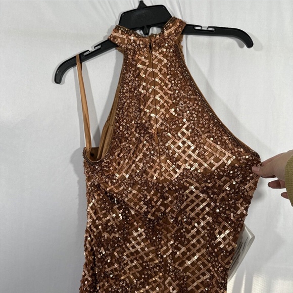 NEW $398 Mac‎ Duggal [ 10 ] Sequin Plaid Halter Neck Cocktail Dress Copper - Picture 12 of 15